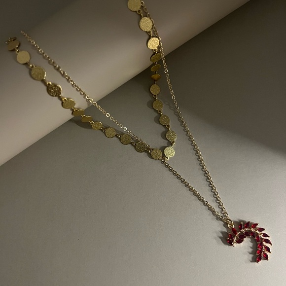 Romantic Gold & Red Cubic Zirconia Leaf Pendant Necklace Set - Glam Necklace - Picture 7 of 9
